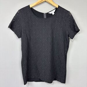 Market & Spruce Black Geometric Lace Blouse Size L Mixed Material Top Twee Basic